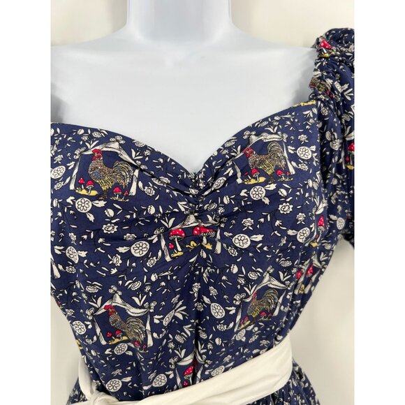 Unique Vintage 1X 16 Mushroom Rooster Print Puff Sleeve Mini Dress Retro - Picture 9 of 12